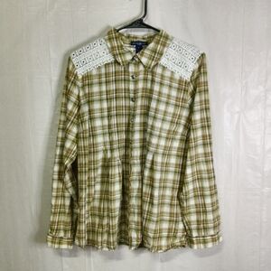 🦋 Bandolino Green Plaid Cotton Button Down Top Lace Detail Large